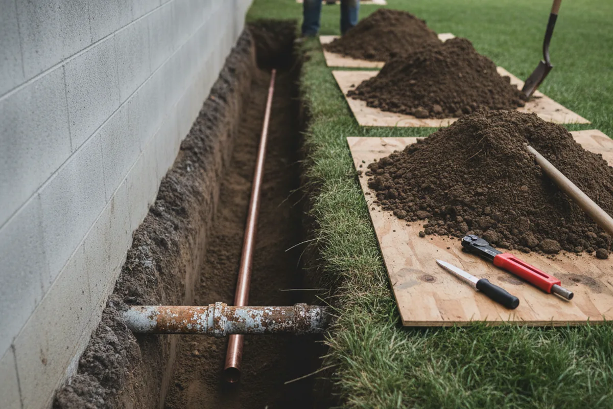 Excavated water line trench during Sewer Line Repair in Fenwick